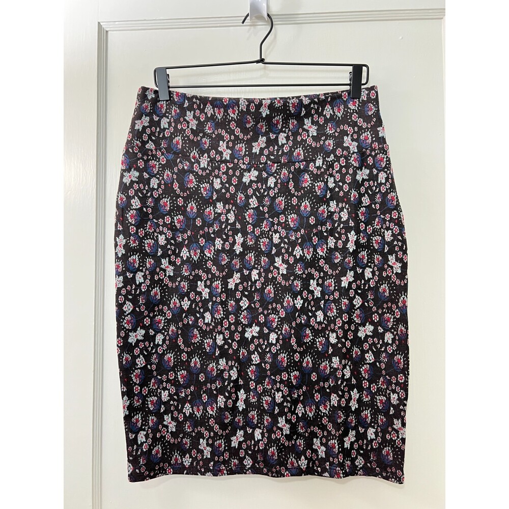 LuLaRoe Cassie Floral Print Pencil Pull On Skirt Black Red Blue White Women's L